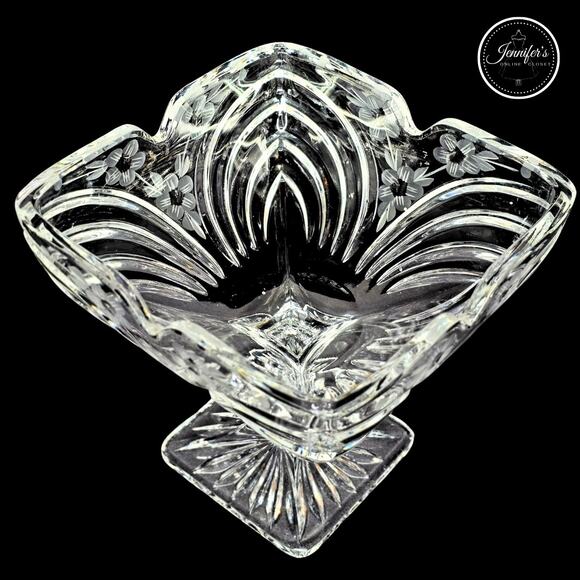 Vintage Hand Cut Frosted Etched Floral Crystal Square Pedestal Compote Dish - Picture 9 of 16